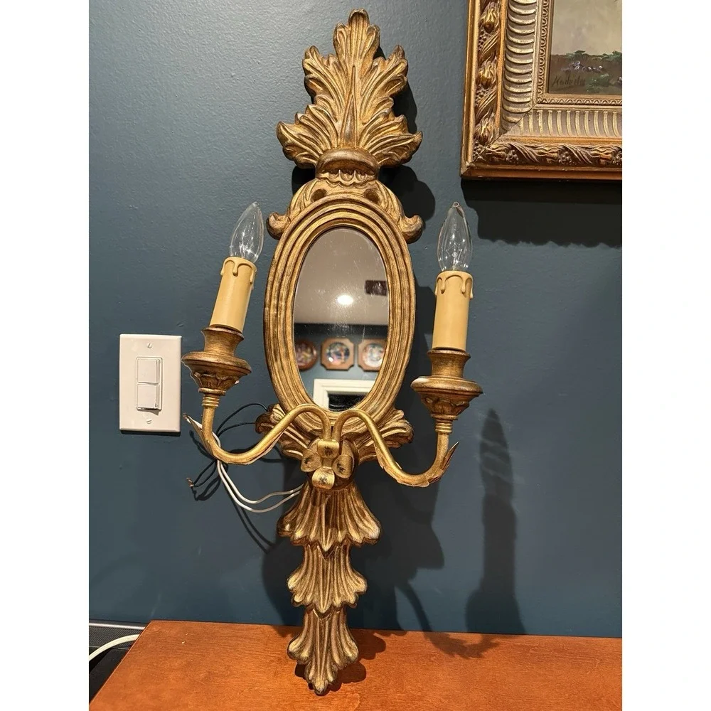Vintage Italian Style Gilded Wooden Mirror Double Arm Light Wall Sconce